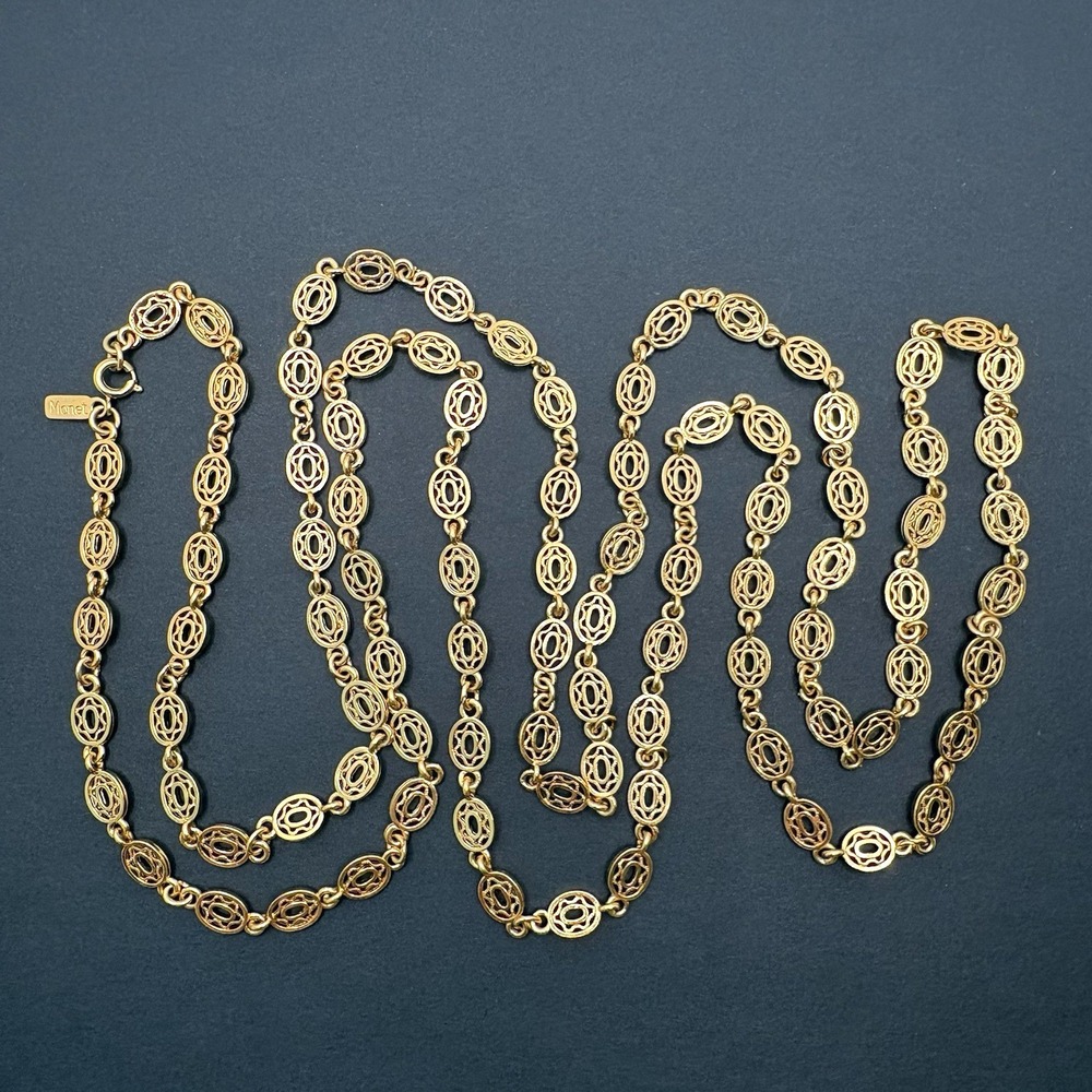 Vintage Monet Oval Filigree Link Gold Tone Chain Necklace 53" Long - Picture 1 of 8